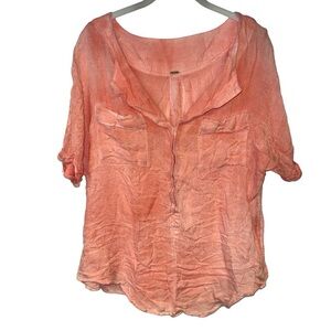 Free People Pink Orange V-Neck Short Sleeve‎ Top